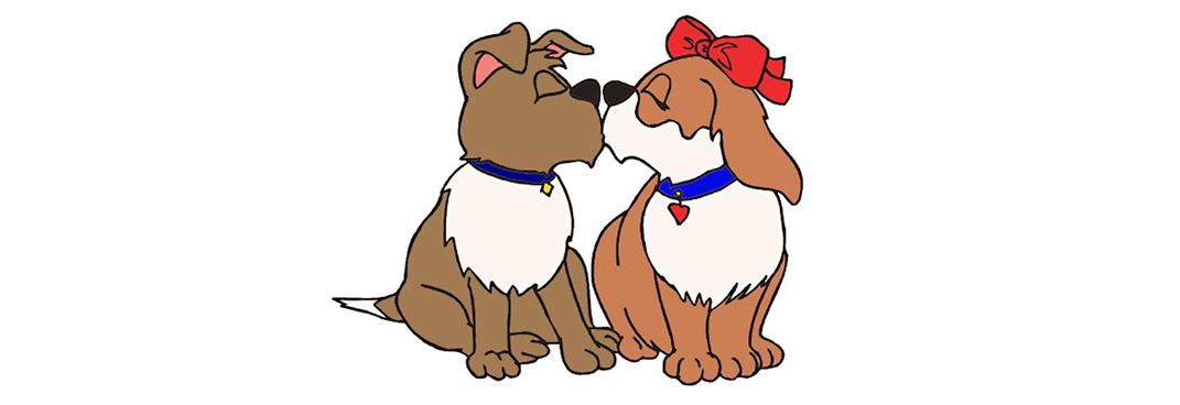 Two cartoon dogs kissing
